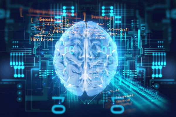 رندر سه بعدی مغز انسان در پس زمینه فناوری بیانگر هوش مصنوعی و مفهوم فضای سایبر است