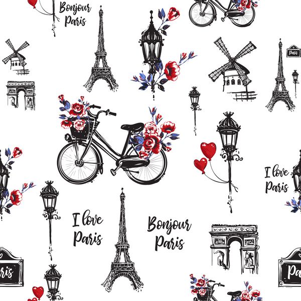 الگوی دوچرخه شهری با سبد گل صبح بخیر متن پاریس فانوس خیابانی بادکنک قلب معماری ترسیم دستی با نمادهای فرانسوی پس زمینه بدون درز به سبک آبرنگ