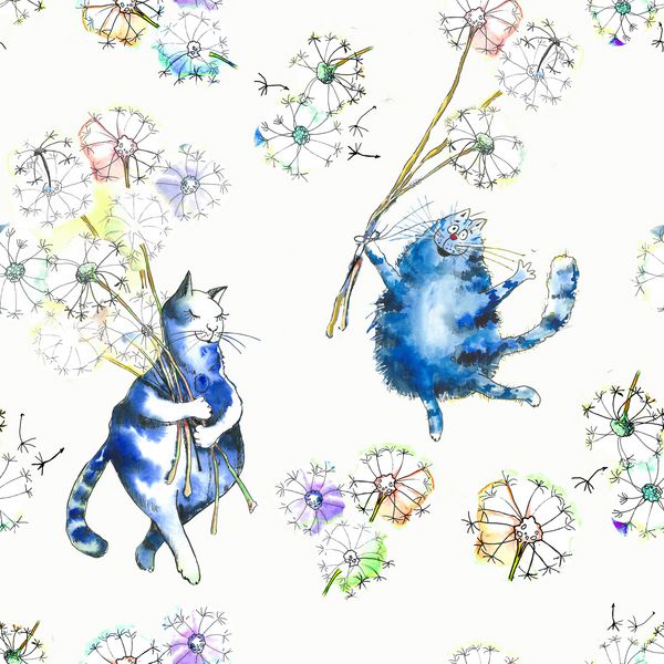 نقاشی با آبرنگ هایی که گربه ای را با گلهای قاصدک برای چاپ جلد طرح الگوی به تصویر می کشد