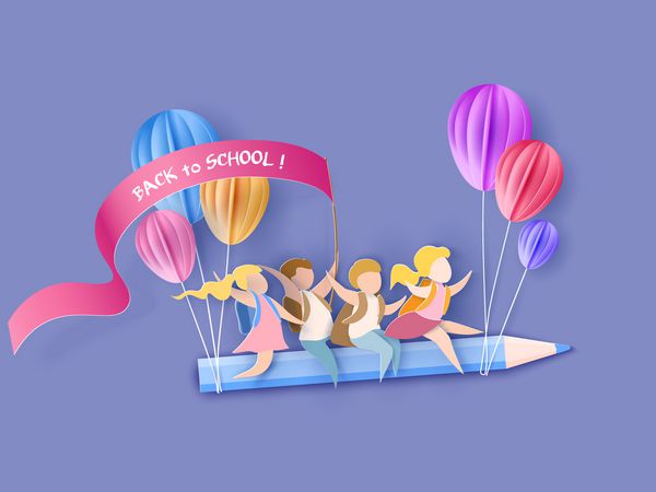 کارت مدرسه سپتامبر 1 کودکانی که با بادکنک های هوا روی مداد پرواز می کنند سبک برش کاغذ تصویر برداری