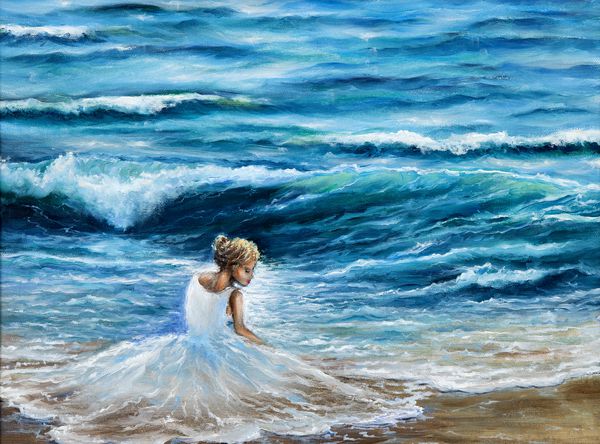نقاشی روغنی اصلی که موج هایی را در اقیانوس یا دریا بر روی بوم نشان می دهد زن با لباس سفید در ساحل امپرسیونیسم مدرن مدرنیسم marinism