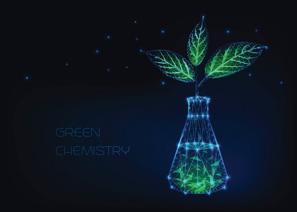 مفهوم شیمی سبز با بشقاب درخشان شیمیایی و گیاه با برگهای سبز ساخته شده از ستارگان خطوط نقاط مثلث ها پیشینه علمی آینده نگر طراحی وکتور قاب سیم پلی کم