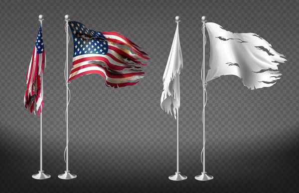 مجموعه واقع گرایانه وکتور با پرچم های آسیب دیده ایالات متحده آمریکا روی قطب های فولادی جدا شده در پس زمینه شفاف بنرهای سفید کثیف با لبه های خاردار در پرچم کلیپارت برای طراحی خود