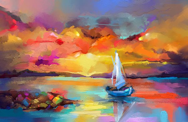 رنگ آمیزی رنگی روغن بر روی بوم تصویر امپرسیونیسم از نقاشی های ساحلی با پس زمینه نور خورشید نقاشی های نفت مدرن هنر با قایق بادبان دریایی چکیده هنر معاصر برای پس زمینه