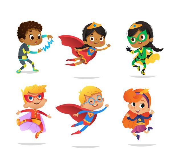 پسران و دختران چند رده با پوشیدن لباس های رنگارنگ از ابرقهرمانان مختلف جدا شده در پس زمینه سفید شخصیت های وکتور کارتونی شخصیت Kid Superheroes برای مهمانی دعوت وب طلسم