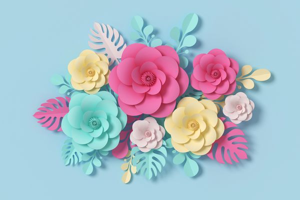 سبک کاغذ گل گل رز رنگی گل کاردستی کاغذی رندر سه بعدی با مسیر قطع