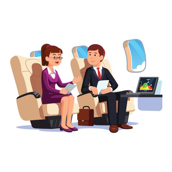 مرد و زن تجاری که با هواپیمای جت سفر می کنند همکارانی که به سفر کلاس تجاری می روند و در مورد ارائه بحث می کنند داخلی کابین هواپیمای جت مسافری تصویر جدا شده بردار تخت