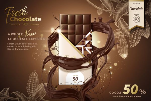 آگهی های برتر شکلات با سس چرخان در تصویر 3D و عناصر گیاهان کاکائو حکاکی شده