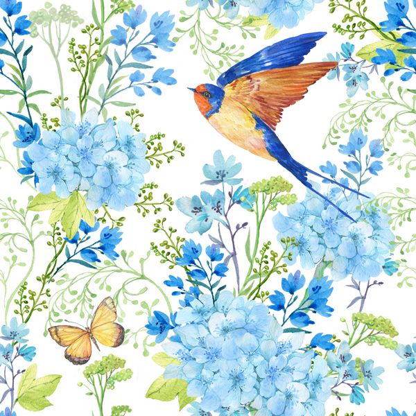 الگوی بدون درز با پرستو پرندگان و گلهای آبی تزئینات چاپ روی پارچه کاغذ دیواری پارچه نقاشی دست آبرنگ