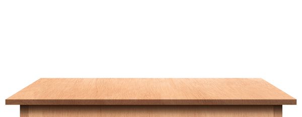 سفره چوبی خالی جدا شده بر روی زمینه سفید برای قرار دادن محصول یا مونتاژ خود با تمرکز به بالای جدول در پیش زمینه قفسه چوبی خالی قفسه ها