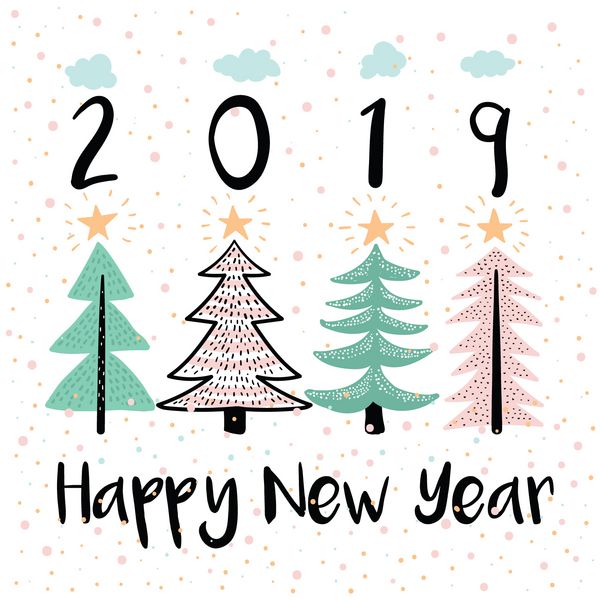 تبریک وکتور سال نو تصویرگری مدرن چهار درخت کاج با ستاره و تکه های برفی تصویر کودکانه به سبک کارتون تبریک سال 2019