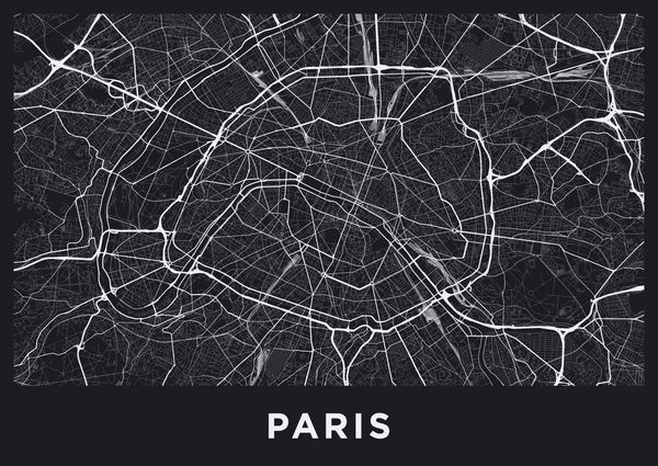 نقشه شهر تاریک پاریس نقشه راه پاریس فرانسه تصویر سیاه و سفید تاریک خیابانهای پاریس قالب پوستر قابل چاپ آلبوم