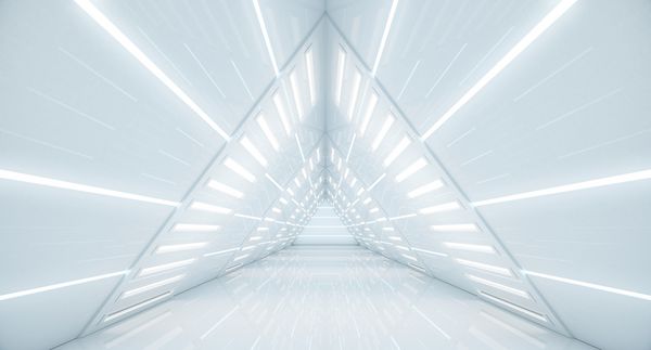 راهرو سفینه فضایی مثلث تونل آینده نگر با نور پیشینه داخلی آینده تجارت مفهوم علمی علمی تخیلی رندر سه بعدی