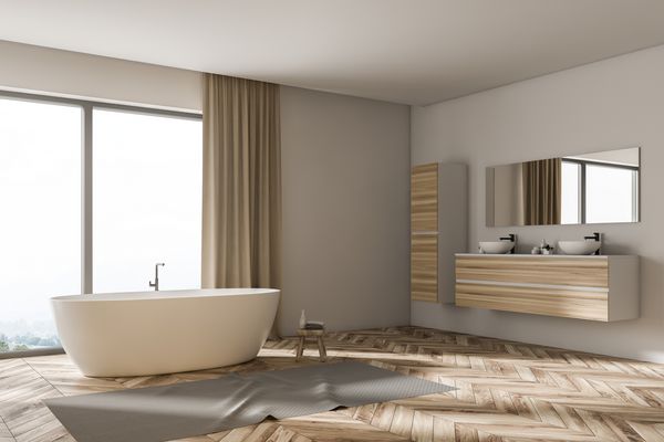 گوشه حمام شیک با پنجره های پانوراما دیوارهای سفید کف چوبی یک سینک دوتایی و یک وان حمام سفید رندر سه بعدی را مسخره کنید