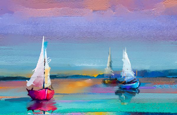 رنگ آمیزی رنگی روغن بر روی بوم تصویر امپرسیونیسم از نقاشی های ساحلی با پس زمینه نور خورشید نقاشی های نفت مدرن هنر با قایق بادبان دریایی چکیده هنر معاصر برای پس زمینه