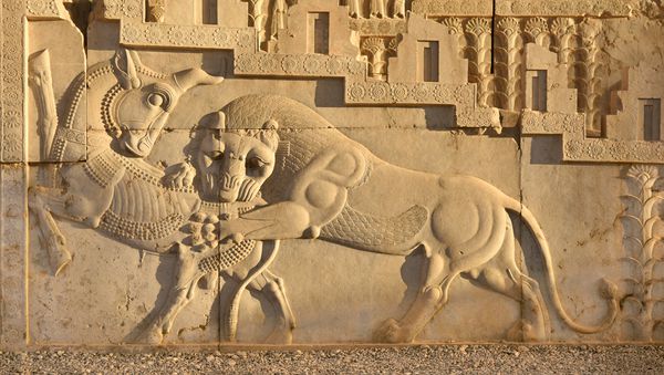 امداد باستانی بر روی دیوار شهر ویران شده تخت جمشید شیر به گاو حمله می کند و آن را نیش می زند این تصویر نمادی از باروری زمین و چرخه های سال است ایران