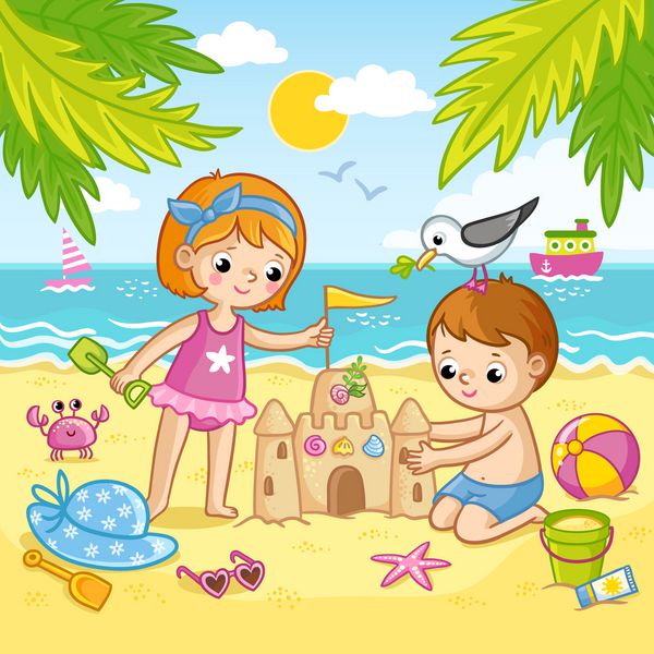 پسر و یک دختر در حال ساختن قلعه ای از شن هستند کودکان در ساحل کنار دریا تصویر برداری به سبک کودکان