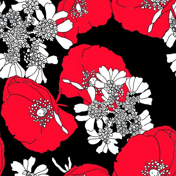 گرافیک های خشخاش گل های قرمز و سفید را با الگوی بدون درز پس زمینه سیاه برای پارچه کاغذ