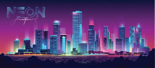 شهر شب آینده Cityscape در یک زمینه تاریک با نورهای روشن و درخشان بنفش و آبی نئون تصویر سبک سایبرپانک و یکپارچهسازی با سیستمعامل موج