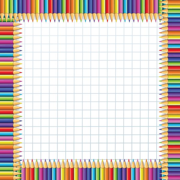 قاب حاشیه مربعی مربعی از مدادهای چوبی چند رنگی در زمینه کاغذ سفید رومیزی نوت بوک ساخته شده است بازگشت به مفهوم الگوی مرزی چارچوب مدرسه با فضای خالی از نسخه برای متن