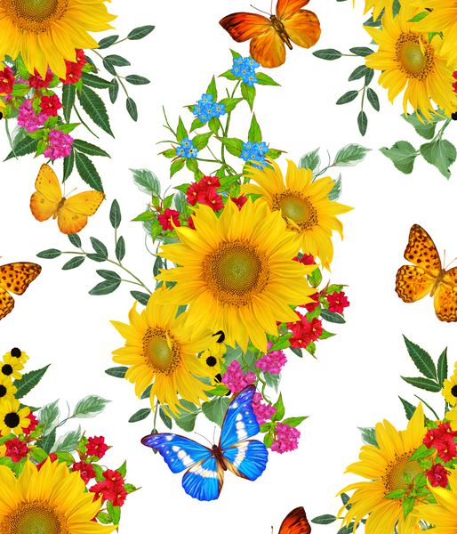 الگوی گل بدون درز پرنده آبی بر روی شاخه ای از گلهای قرمز روشن آفتابگردانهای زرد برگهای سبز پروانه های زیبا قرار دارد