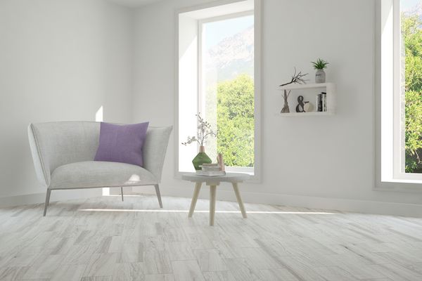 ایده اتاق سفید با صندلی و چشم انداز تابستانی در پنجره طراحی داخلی اسکاندیناوی تصویر سه بعدی