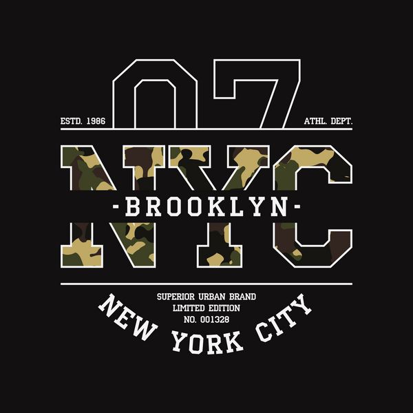 طراحی تی شرت نیویورک NYC با بافت استتار گرافیک تایپوگرافی بروکلین برای پیراهن آستین با شعار چاپ لباس به سبک نظامی و ارتش تصویر برداری