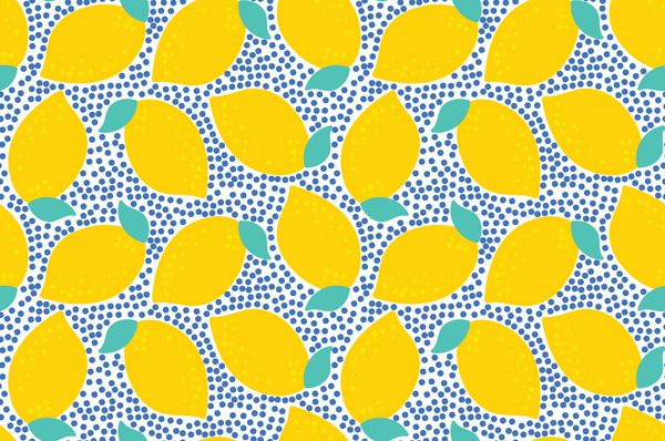 الگوی بدون درز با لیمو مرکبات در زمینه نقاط با رنگهای آبدار الگوی تابستانی وکتور با لیموهای زرد پس زمینه مکرر میوه مناسب برای پارچه کاغذ دیواری کالاهای بچه گانه