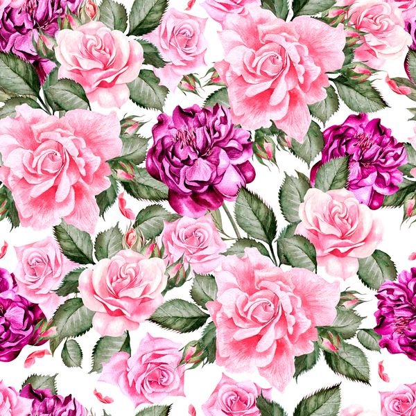 الگوی آبرنگ با گل های گل صد تومانی و گل رز تصویر