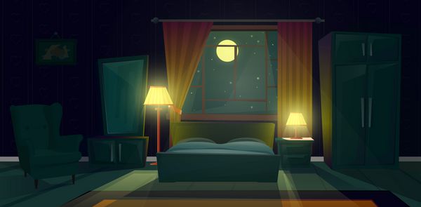 تصویر برداری کارتونی وکتور اتاق خواب دنج در شب فضای داخلی مدرن اتاق نشیمن با تخت دونفره کابوس با چراغ کمد صندلی پنجره با پرده در مهتاب زمینه مفهوم