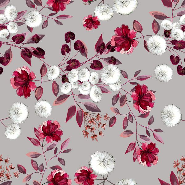 الگوی بدون درز با گل و برگ الگوی گل برای کاغذ دیواری کاغذ و پارچه طراحی دست آبرنگ گل های بورگوندی در زمینه خاکستری