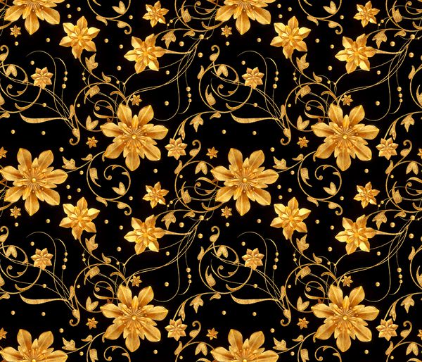 رندر سه بعدی گلهای سبک طلایی فرهای ظریف و براق عنصر پیزلی الگوی بدون درز