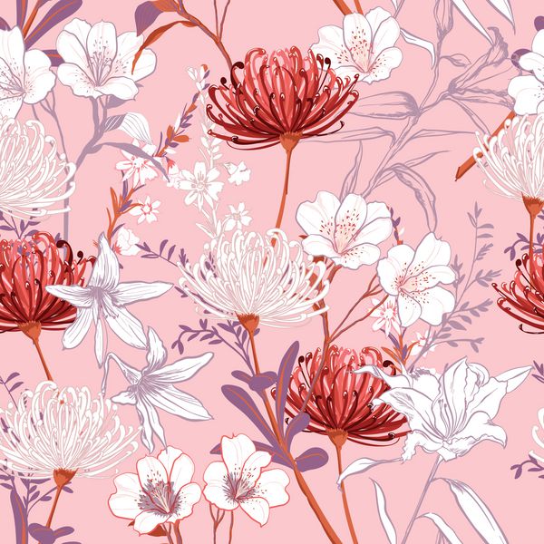 گلهای گیاه گل شکوفه گیاهان شیرین خط ناتمام رسم طرح بردار الگوی بدون درز برای مد پارچه کاغذ دیواری و کلیه چاپهای روی رنگ پس زمینه صورتی روشن
