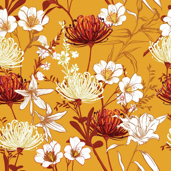 گل های باغ گل یکپارچهسازی با سیستمعامل گل گیاه گل ناتمام طراحی خط وکتور طرح الگوی بدون درز برای مد پارچه کاغذ دیواری و کلیه چاپ ها روی رنگ پس زمینه زرد پرنعمت