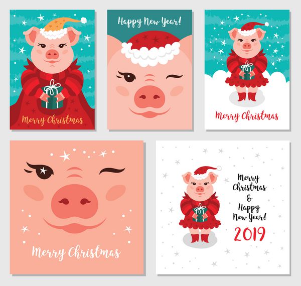 خوک های کریسمس خنده دار کارتهای تبریک مبارک کریسمس و سال نو 2019 خوک بابا نوئل کارتهای کریسمس بسته های مگا تصویر برداری EPS 10