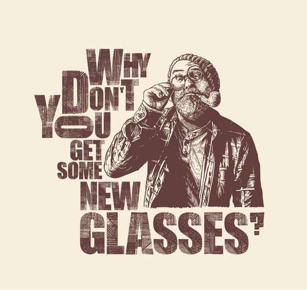 چرا چند عینک جدید به دست نمی آورید؟ پوستر را با پیرمرد با چشم خود در شیشه های گرد طراحی کنید سبک حکاکی یکپارچهسازی با سیستمعامل تصویر برداری