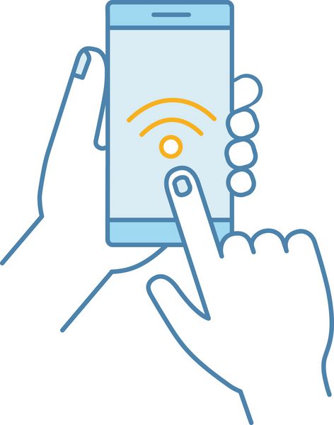 دستانی که نماد رنگی گوشی هوشمند NFC را در دست دارند تلفن NFC ارتباطات میدانی نزدیک پرداخت تلفن همراه بدون تماس اتصال وای فای تصویر برداری جدا شده