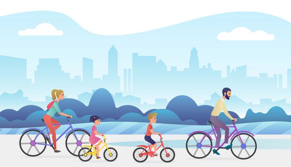 خانواده فعال در خارج از سفر تعطیلات پدر مادر دختر و پسر در پارک شهر در حال دوچرخه سواری هستند تصویر بردار رنگ شیب مرسوم مد روز