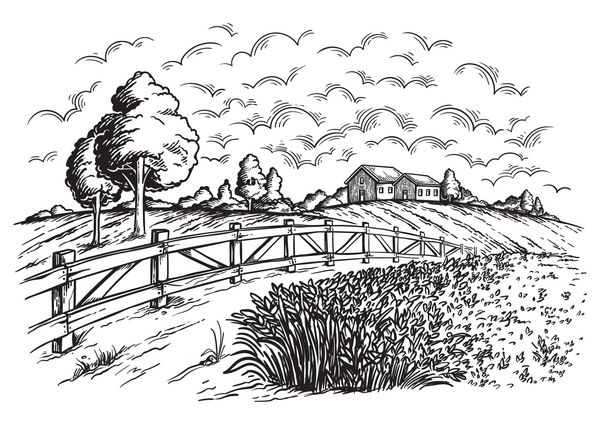 مزرعه روستایی با گندم رسیده در زمینه آسیاب و دهکده ابر تصویر برداری رنگ