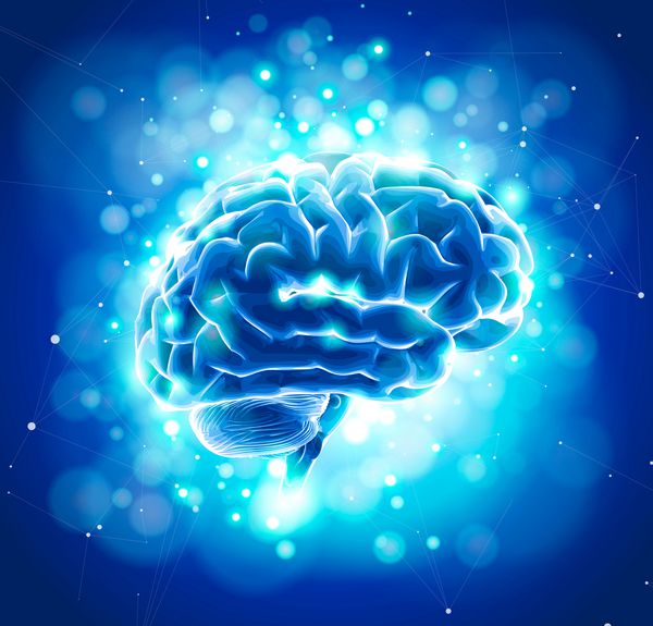 مغز انسان در پس زمینه تکنولوژیکی آبی احاطه شده با زمینه های اطلاعاتی شبکه های عصبی شبکه های اینترنتی مفهوم فناوری نوین بیوتکنولوژی هوش مصنوعی