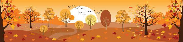 پانوراما چشم انداز حومه شهر در پاییز تصویر برداری از بنر افقی کوه های چشم انداز پاییزی و درختان افرا که با شاخ و برگ زرد رنگ افتاده اند