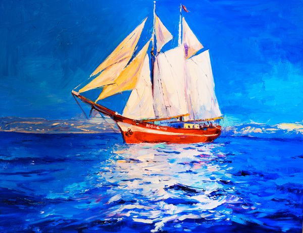 نقاشی اصلی روغن روی بوم کشتی سفید به اقیانوس هنر مدرن
