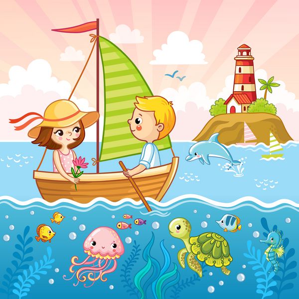 یک پسر و یک دختر در حال قایقرانی با یک قایق بادبانی کنار دریا هستند تصویر برداری با کودکان و حیوانات دریایی