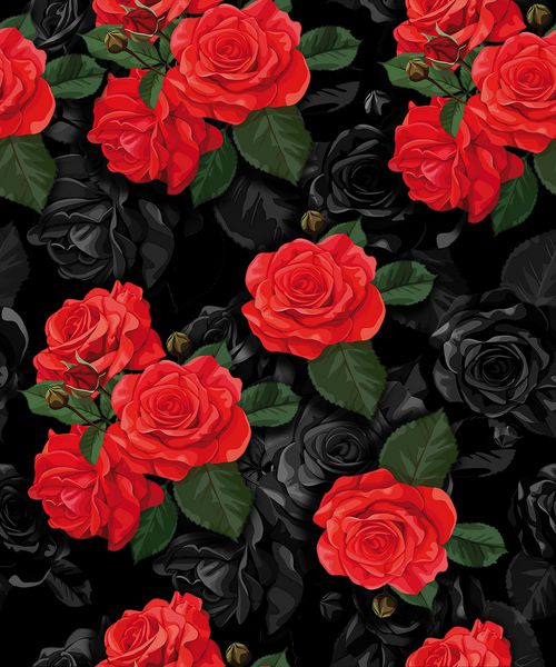 الگوی گل یکپارچه با گلهای قرمز سیاه و سفید بر روی زمینه سیاه