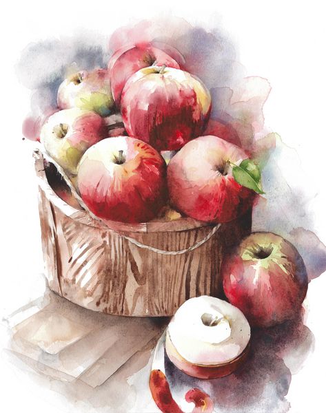 سیب های میوه ای قرمز را در یک تصویر نقاشی با آبرنگ سبد خرید جدا شده در پس زمینه سفید