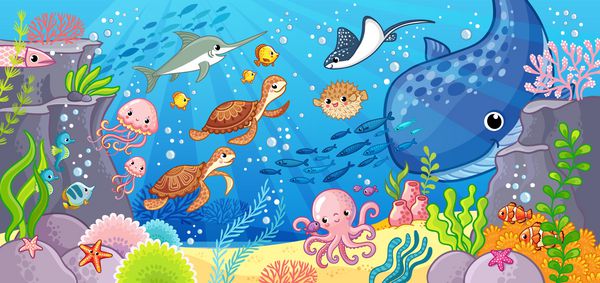 دنیای زیرین حیوانات کارتونی ناز زیر آب تصویر برداری با موضوع دریا