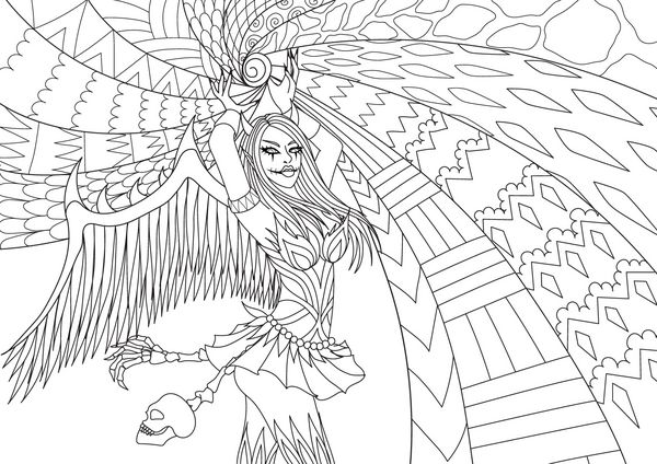صفحات رنگ آمیزی کتاب رنگ آمیزی برای بزرگسالان زن در لباس هالیوون با قدرت طراحی نقاشی رایگان طرح با عناصر doodle و zentangle تصویر برداری