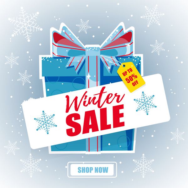 تصویر برداری بنر فروش زمستانی با جعبه های هدیه و دانه های برفی به رنگ های آبی و قرمز