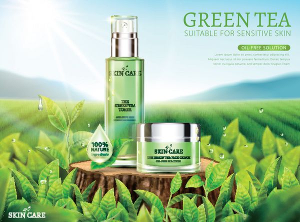 تبلیغات چرم سبز با محصولات قرار داده شده بر روی تنه درخت بریده شده در تصویر 3 بعدی پس زمینه باغ چای بوکه