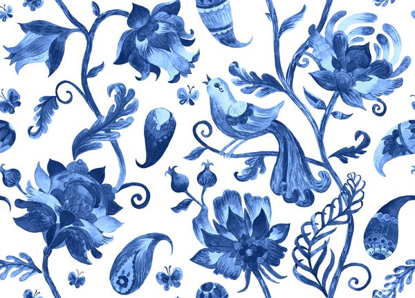 طرح کاشی آبرنگ Paisley طرح گل کاشی گل لاله قرقاول پرنده رنگ شرقی رنگ تزئینی رنگ تزئینی رنگ بدون مرز برای طراحی پس زمینه انتزاعی باتیک هند